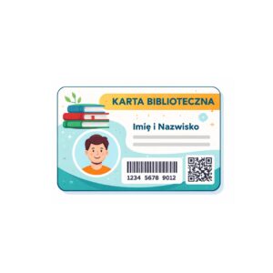 Nowoczesna karta biblioteczna w stylu wektorowym z miejscem na zdjęcie użytkownika,. Druk kart bibliotecznych został spersonalizowany. Dodano: imię i nazwisko, kod kreskowy oraz kod QR, ozdobiona ilustracją książek i utrzymana w kolorystyce turkusowo-pomarańczowej